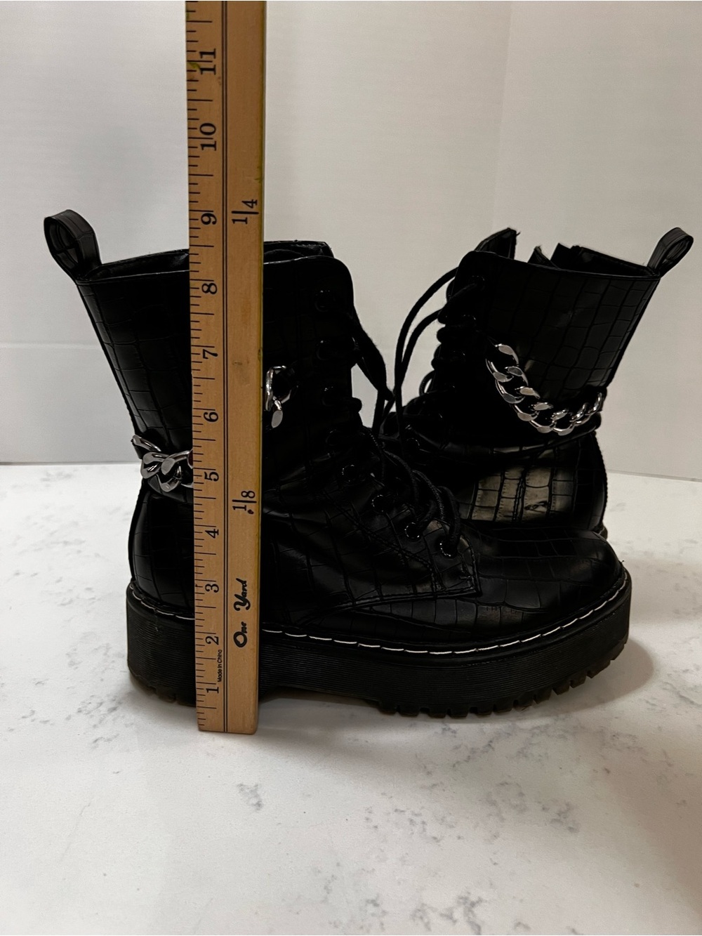 UNIONBAY Karlie Black Croc-Embossed Lace-Up Platform Combat Boots with Chain - Picture 12 of 12